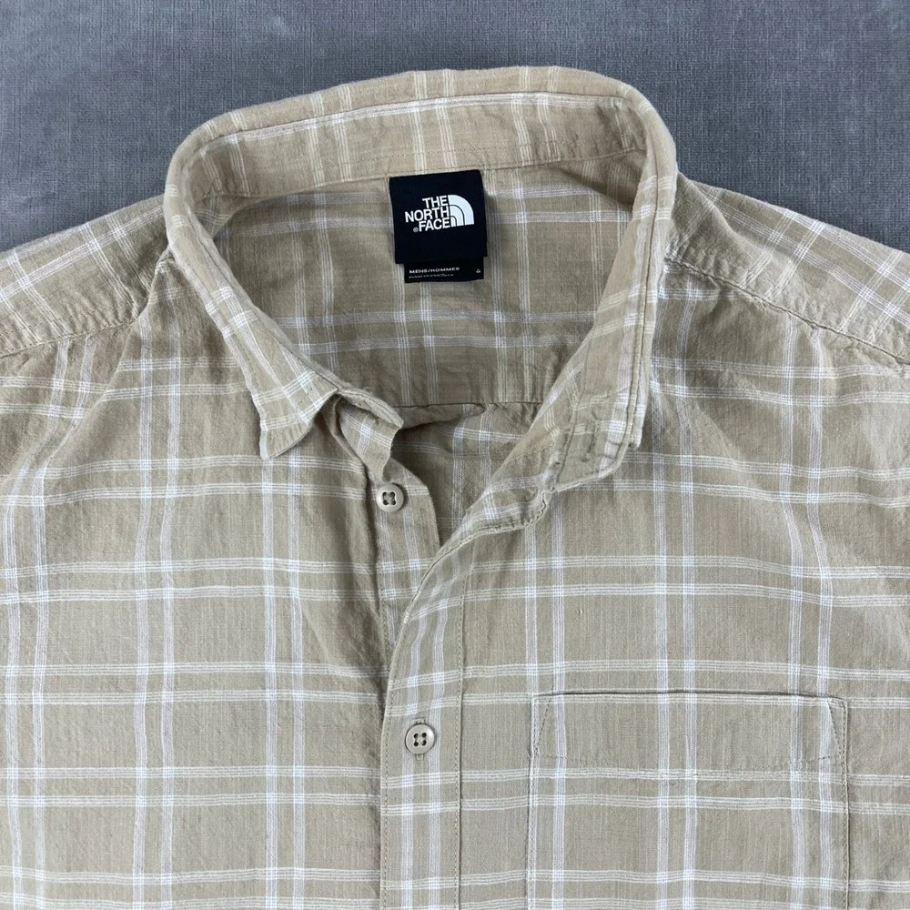 The North Face Mens Large Tan Plaid Short Sleeve Button Down Shirt Casual